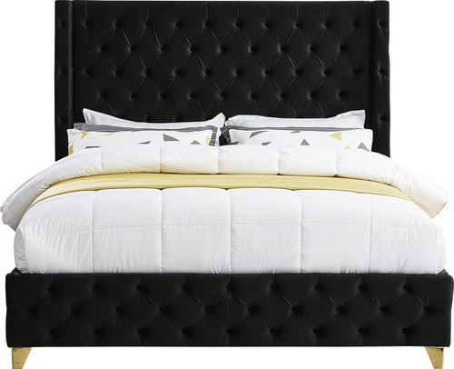 SavanBlack-K Savan Collection Modern | Contemporary Velvet Upholstered Bed with Deep Button Tufting in Gold or Chrome Finish, 88" W x 86" D x 56" H, Black, King