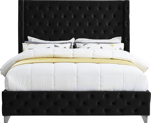SavanBlack-K Savan Collection Modern | Contemporary Velvet Upholstered Bed with Deep Button Tufting in Gold or Chrome Finish, 88" W x 86" D x 56" H, Black, King