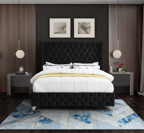 SavanBlack-K Savan Collection Modern | Contemporary Velvet Upholstered Bed with Deep Button Tufting in Gold or Chrome Finish, 88" W x 86" D x 56" H, Black, King