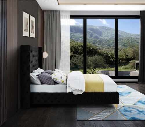 SavanBlack-K Savan Collection Modern | Contemporary Velvet Upholstered Bed with Deep Button Tufting in Gold or Chrome Finish, 88" W x 86" D x 56" H, Black, King