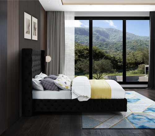 SavanBlack-K Savan Collection Modern | Contemporary Velvet Upholstered Bed with Deep Button Tufting in Gold or Chrome Finish, 88" W x 86" D x 56" H, Black, King