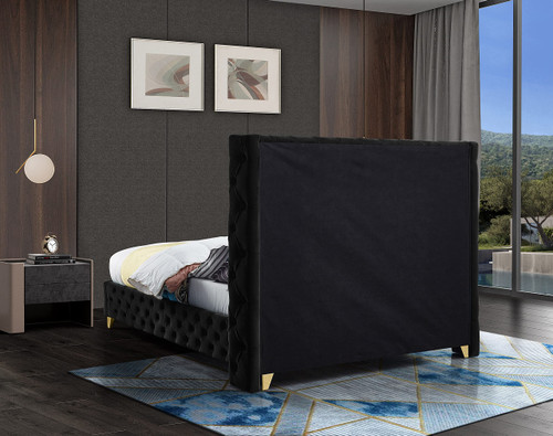 SavanBlack-K Savan Collection Modern | Contemporary Velvet Upholstered Bed with Deep Button Tufting in Gold or Chrome Finish, 88" W x 86" D x 56" H, Black, King