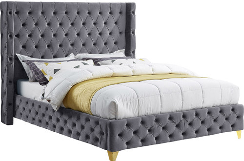 SavanGrey-K Savan Collection Modern | Contemporary Velvet Upholstered Bed with Deep Button Tufting in Gold or Chrome Finish, 88" W x 86" D x 56" H, Grey, King
