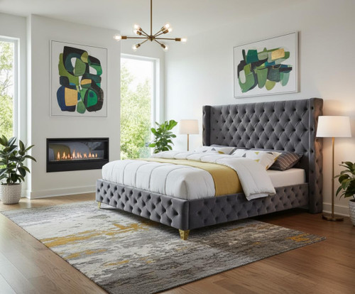 SavanGrey-K Savan Collection Modern | Contemporary Velvet Upholstered Bed with Deep Button Tufting in Gold or Chrome Finish, 88" W x 86" D x 56" H, Grey, King