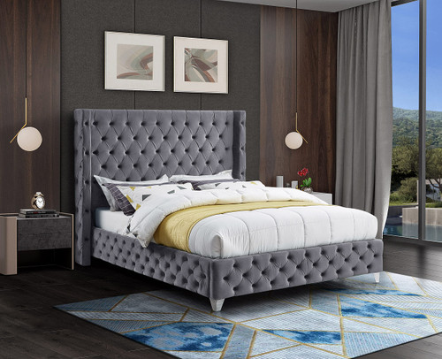 SavanGrey-K Savan Collection Modern | Contemporary Velvet Upholstered Bed with Deep Button Tufting in Gold or Chrome Finish, 88" W x 86" D x 56" H, Grey, King