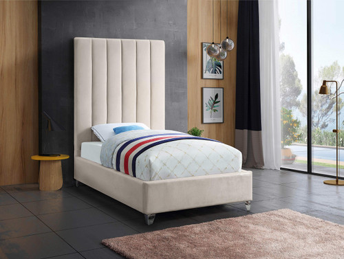 ViaCream-T Via Collection Modern | Contemporary Velvet Upholstered Twin Bed, Rich Cream Velvet, Deep Channel Tufting, Gold and Chrome Legs, 44.5" W x 81" D x 70.5" H, Cream, Twin