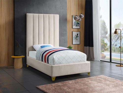 ViaCream-T Via Collection Modern | Contemporary Velvet Upholstered Twin Bed, Rich Cream Velvet, Deep Channel Tufting, Gold and Chrome Legs, 44.5" W x 81" D x 70.5" H, Cream, Twin