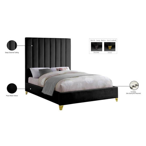ViaBlack-F Via Collection Modern | Contemporary Velvet Upholstered Full Bed, Rich Black Velvet, Deep Channel Tufting, Gold and Chrome Legs, 60" W x 81" D x 70.5" H, Black, Full