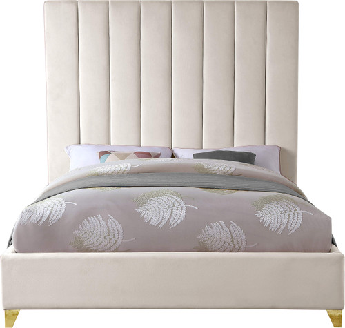 ViaCream-F Via Collection Modern | Contemporary Velvet Upholstered Full Bed, Rich Cream Velvet, Deep Channel Tufting, Gold and Chrome Legs, 60" W x 81" D x 70.5" H, Cream, Full