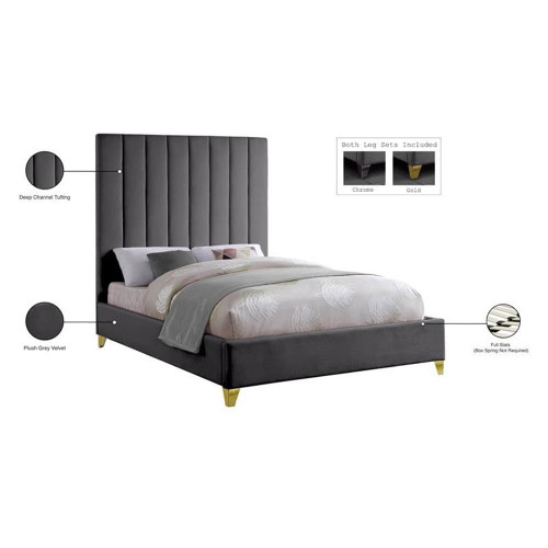 ViaGrey-F Via Collection Modern | Contemporary Velvet Upholstered Full Bed, Rich Grey Velvet, Deep Channel Tufting, Gold and Chrome Legs, 60" W x 81" D x 70.5" H, Grey, Full