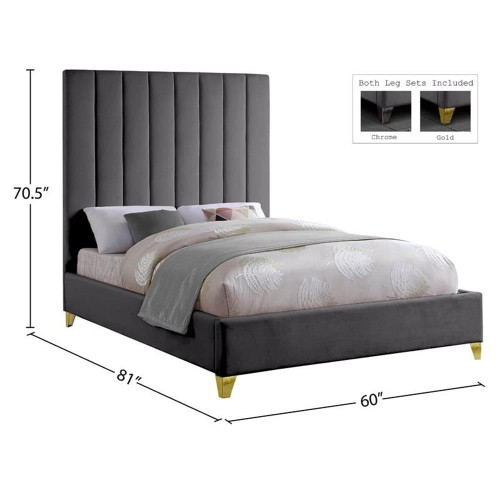 ViaGrey-F Via Collection Modern | Contemporary Velvet Upholstered Full Bed, Rich Grey Velvet, Deep Channel Tufting, Gold and Chrome Legs, 60" W x 81" D x 70.5" H, Grey, Full