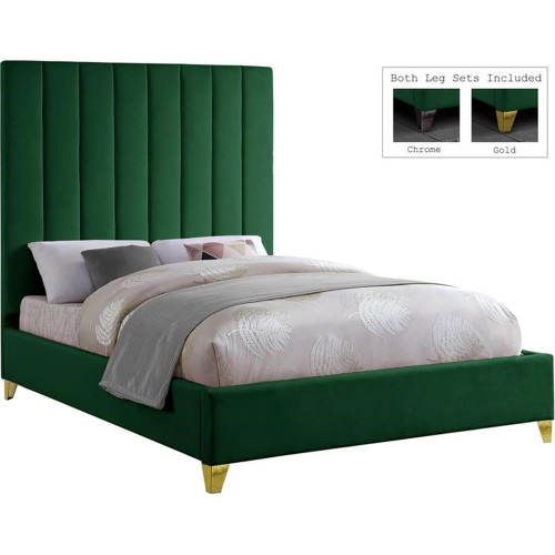 ViaGreen-Q Via Collection Modern | Contemporary Velvet Upholstered Queen Bed, Rich Green Velvet, Deep Channel Tufting, Gold and Chrome Legs, 65.5" W x 86" D x 70.5" H, Green, Queen