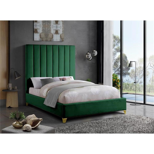 ViaGreen-Q Via Collection Modern | Contemporary Velvet Upholstered Queen Bed, Rich Green Velvet, Deep Channel Tufting, Gold and Chrome Legs, 65.5" W x 86" D x 70.5" H, Green, Queen