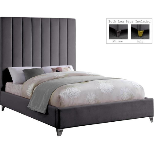 ViaGrey-Q Via Collection Modern | Contemporary Velvet Upholstered Queen Bed, Rich Grey Velvet, Deep Channel Tufting, Gold and Chrome Legs, 65.5" W x 86" D x 70.5" H, Grey, Queen
