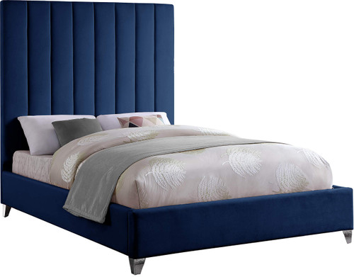 ViaNavy-Q Via Collection Modern | Contemporary Velvet Upholstered Queen Bed, Rich Navy Velvet, Deep Channel Tufting, Gold and Chrome Legs, 65.5" W x 86" D x 70.5" H, Navy, Queen