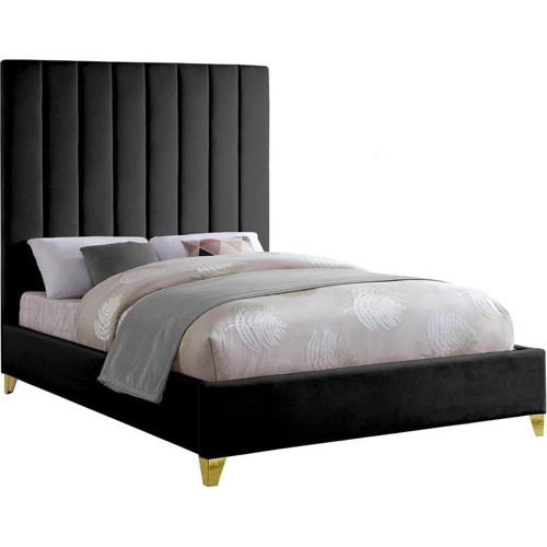 ViaBlack-Q Via Collection Modern | Contemporary Velvet Upholstered Queen Bed, Rich Black Velvet, Deep Channel Tufting, Gold and Chrome Legs, 65.5" W x 86" D x 70.5" H, Black, Queen