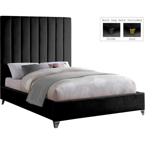 ViaBlack-Q Via Collection Modern | Contemporary Velvet Upholstered Queen Bed, Rich Black Velvet, Deep Channel Tufting, Gold and Chrome Legs, 65.5" W x 86" D x 70.5" H, Black, Queen