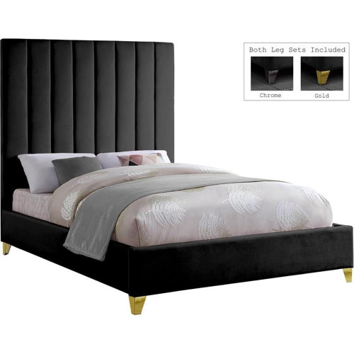 ViaBlack-K Via Collection Modern | Contemporary Rich Black Velvet Upholstered King Bed,Deep Channel Tufting, Gold and Chrome Legs, 81.5" W x 86" D x 70.5" H, Black