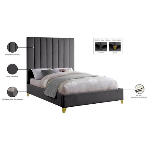 ViaGrey-K Via Collection Modern | Contemporary Velvet Upholstered King Bed, Rich Grey Velvet, Deep Channel Tufting, Gold and Chrome Legs, 81.5" W x 86" D x 70.5" H, Grey, King