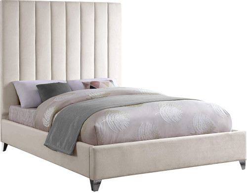 ViaCream-K Via Collection Modern | Contemporary Velvet Upholstered King Bed, Rich Cream , Deep Channel Tufting, Gold and Chrome Legs, 81.5" W x 86" D x 70.5" H, Cream
