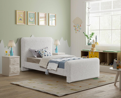 StylusCream-T Stylus Collection Modern | Contemporary Boucle Fabric Twin Bed with Rich Cream Boucle Fabric, Curved Headboard and Footboard, 44.5" W x 92" D x 45" H, Cream, Twin
