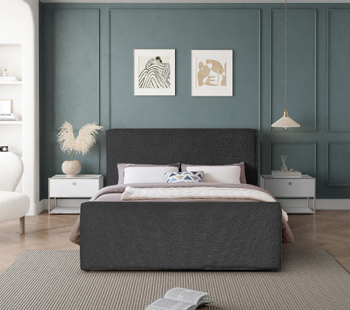 StylusBlack-F Stylus Collection Modern | Contemporary Boucle Fabric Full Bed with Rich Black Boucle Fabric, Curved Headboard and Footboard, 59.5" W x 92" D x 45" H, Black, Full