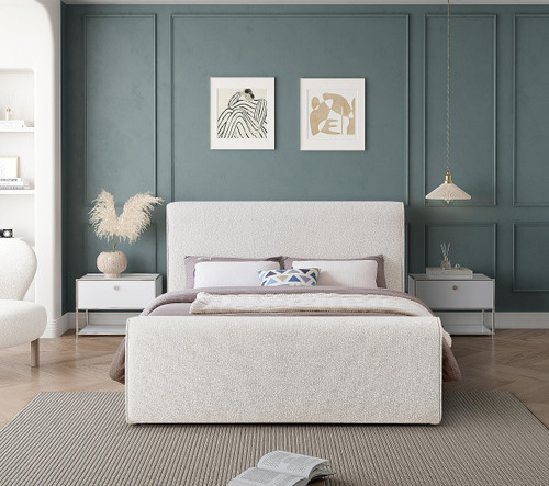 StylusCream-Q Stylus Collection Modern | Contemporary Boucle Fabric Queen Bed with Rich Cream Boucle Fabric, Curved Headboard and Footboard, 66" W x 96" D x 45" H, Cream, Queen