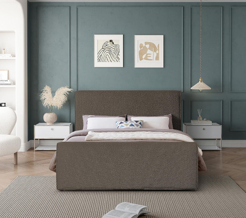 StylusBrown-K Stylus Collection Modern | Contemporary Boucle Fabric King Bed with Rich Brown Boucle Fabric, Curved Headboard and Footboard, 82" W x 96" D x 45" H, Brown, King