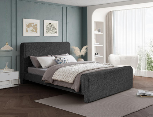 StylusBlack-K Stylus Collection Modern | Contemporary Boucle Fabric King Bed with Rich Black Boucle Fabric, Curved Headboard and Footboard, 82" W x 96" D x 45" H, Black, King