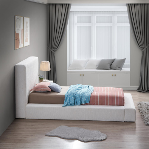 TerraCream-T Terra Collection Modern Contemporary Twin Bed with Rich Cream Boucle Fabric and 8.5" Thick Side Rails and Footboard, 57" W x 93" D x 45.5" H, Cream, Twin