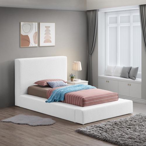 TerraWhite-T Terra Collection Modern Contemporary Twin Bed with Rich White Boucle Fabric and 8.5" Thick Side Rails and Footboard, 57" W x 93" D x 45.5" H, White, Twin