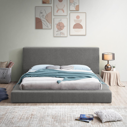 TerraGrey-F Terra Collection Modern Contemporary Full Bed with Rich Cream Boucle Fabric and 8.5" Thick Side Rails and Footboard, 72.5" W x 93" D x 45.5" H, Grey, Full