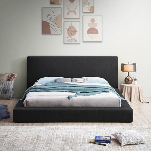 TerraBlack-F Terra Collection Modern Contemporary Full Bed with Rich Grey Linen Textured Fabric and Black Finish Solid Wood Base, 72.5" W x 93" D x 45.5" H, Black, Full