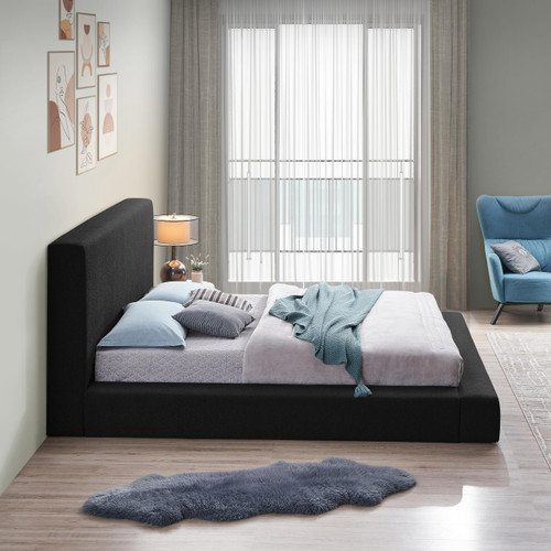TerraBlack-Q Terra Collection Modern Contemporary Queen Bed with Rich Black Boucle Fabric and 8.5" Thick Side Rails and Footboard, 78.5" W x 98.5" D x 45.5" H, Black, Queen