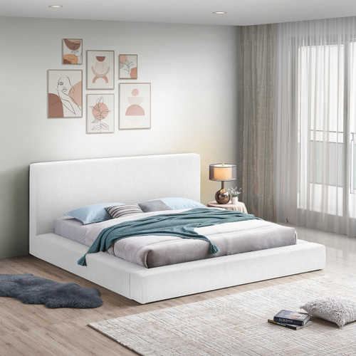 TerraWhite-Q Terra Collection Modern Contemporary Queen Bed with Rich White Boucle Fabric and 8.5" Thick Side Rails and Footboard, 78.5" W x 98.5" D x 45.5" H, White, Queen