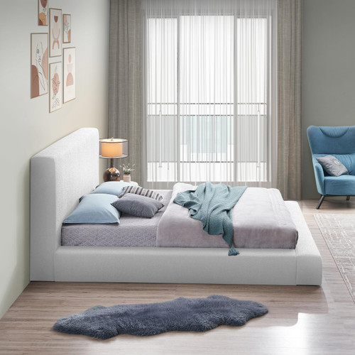 TerraWhite-Q Terra Collection Modern Contemporary Queen Bed with Rich White Boucle Fabric and 8.5" Thick Side Rails and Footboard, 78.5" W x 98.5" D x 45.5" H, White, Queen