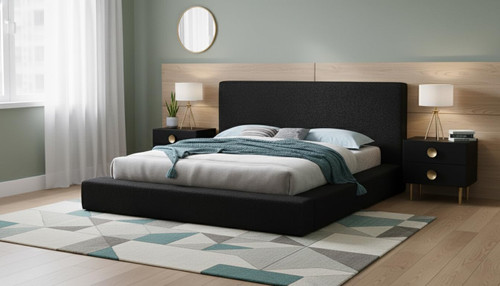 TerraBlack-K Terra Collection Modern Contemporary King Bed with Rich Black Boucle Fabric and 8.5" Thick Side Rails and Footboard, 94.5" W x 98.5" D x 45.5" H, Black, King