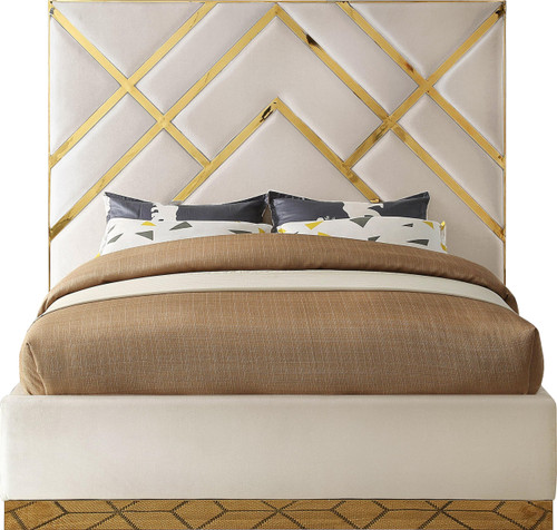 VectorCream-K Vector Collection Modern | Contemporary Velvet Upholstered Bed, Custom Gold Metal Base and Polished Gold Metal Design, 97.5" W x 85.5" D x 68" H, Cream, King