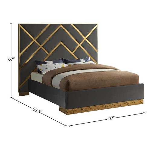 VectorGrey-K Vector Collection Modern | Contemporary Velvet Upholstered Bed, Custom Gold Metal Base and Polished Gold Metal Design, 97.5" W x 85.5" D x 68" H, Grey, King