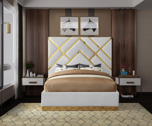 VectorWhite-K Vector Collection Modern | Contemporary Vegan Leather Upholstered Bed, Custom Gold Metal Base and Polished Gold Metal Design, 97.5" W x 85.5" D x 68" H, White, King