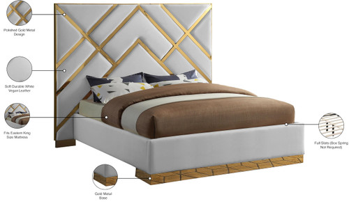 VectorWhite-K Vector Collection Modern | Contemporary Vegan Leather Upholstered Bed, Custom Gold Metal Base and Polished Gold Metal Design, 97.5" W x 85.5" D x 68" H, White, King