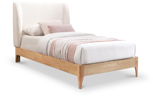 VenturaCream-T Ventura Collection Mid-Century Modern Upholstered Twin Bed, Soft Cream Fabric, Finished Rubberwood Legs, Slats, 44" W x 77.5" D x 44.5" H, Cream, Twin