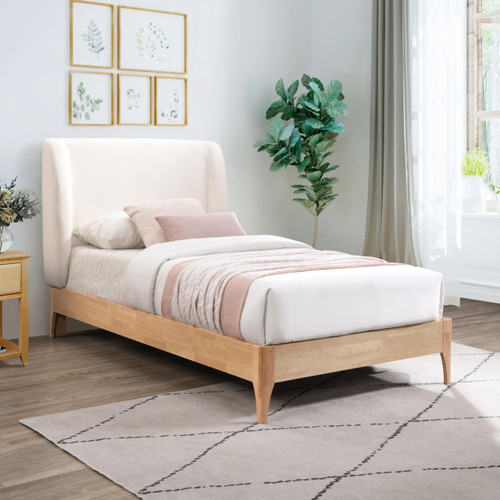 VenturaCream-T Ventura Collection Mid-Century Modern Upholstered Twin Bed, Soft Cream Fabric, Finished Rubberwood Legs, Slats, 44" W x 77.5" D x 44.5" H, Cream, Twin