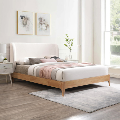 VenturaCream-F Ventura Collection Mid-Century Modern Upholstered Full Bed, Soft Cream Fabric, Finished Rubberwood Legs, Slats, 60" W x 77.5" D x 44.5" H, Cream, Full