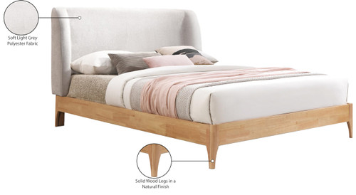 VenturaGrey-F Ventura Collection Mid-Century Modern Upholstered Full Bed, Soft Grey Fabric, Finished Rubberwood Legs, Slats, 60" W x 77.5" D x 44.5" H, Grey, Full