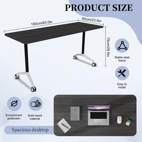 Conference Table, Folding Conference Room Tables, Modern Flip Top Seminar Training Meeting Table with Wheels, Modular Foldable Conference Tables for Home Office Classroom (Black 2 Pack,63inch)