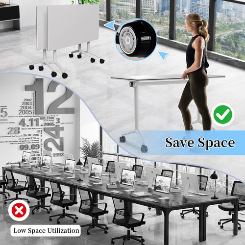 Conference Table, Folding Conference Room Tables, Modern Flip Top Seminar Training Meeting Table with Wheels, Modular Foldable Conference Tables for Home Office Classroom (White 4 Pack,63inch)