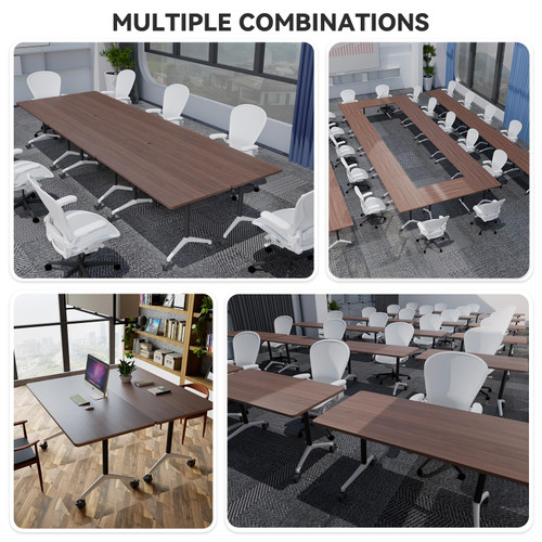 Conference Table,Folding Conference Room Tables with Wheels, 6ft Modular Training Tables for Office/Classroom/Meeting, Lockable 360° Silent Wheels＆Space Saving Stackable, Walnut Finish, 2 Pack