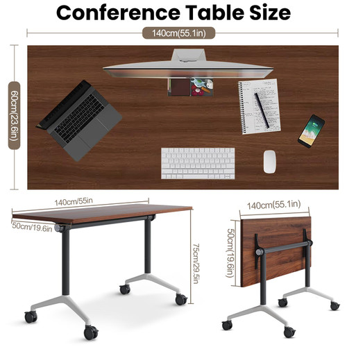 Conference Table,Folding Conference Room Tables with Wheels, 6ft Modular Training Tables for Office/Classroom/Meeting, Lockable 360° Silent Wheels＆Space Saving Stackable, Walnut Finish, 4 Pack
