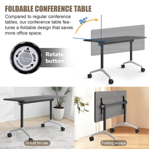 Conference Table,Folding Conference Room Tables with Wheels, 6ft Modular Training Tables for Office/Classroom/Meeting, Lockable 360° Silent Wheels＆Space Saving Stackable, Gray Finish, 6 Pack